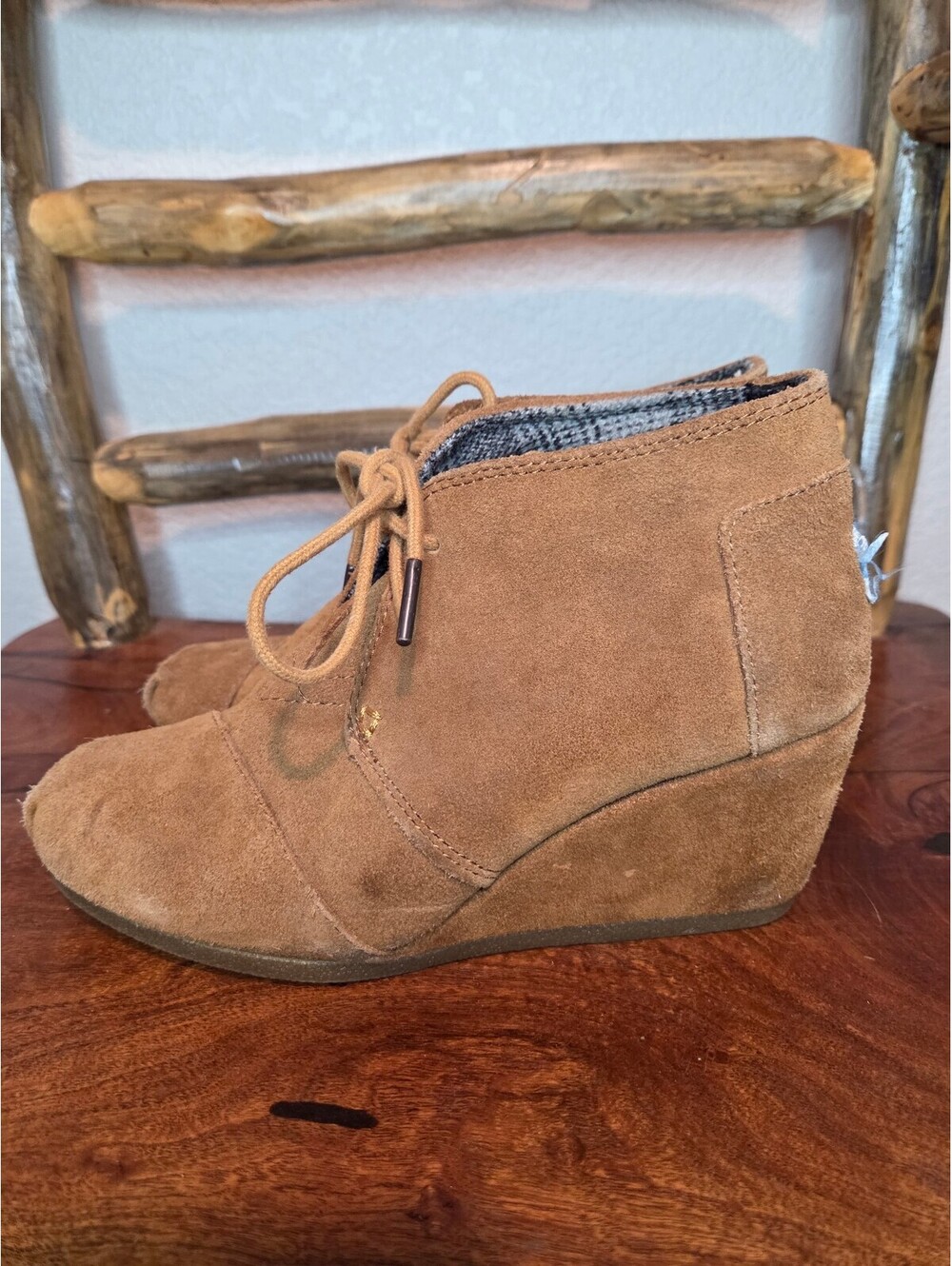 TOMS Women's Suede Wedge Booties in Tan, Size 5.5